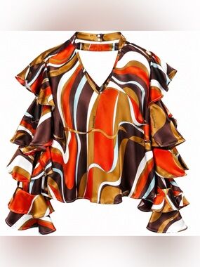 Cleo Retro Swirl Print Cutout Tiered Ruffle Sleeve Blouse Size L